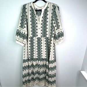 Boho Figueroa & Flower Midi Green and Ivory Patterned Dress With 3/4 Sleeves